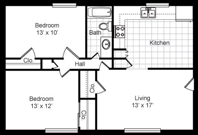 Floor plan for 2 beds, 1 bath, 865 sqft